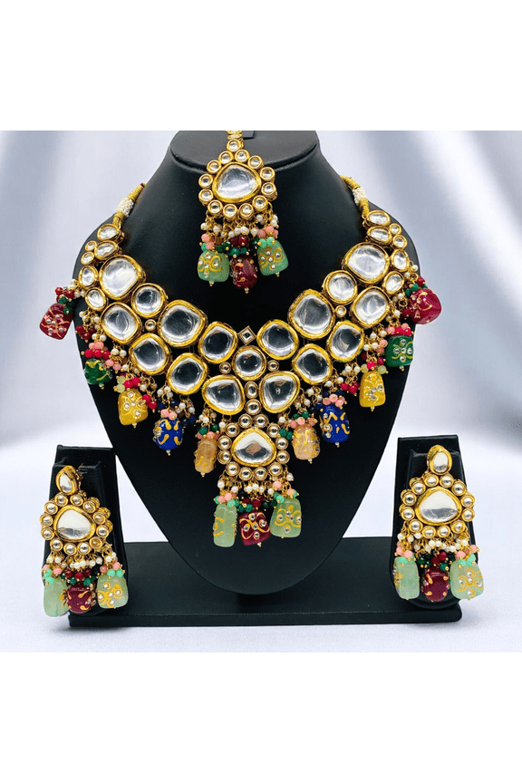 Kundan Multicolor Choker Necklace Set with Earrings and Mang Tikka for Women | Indian Jewelry for Festivals and Engagements