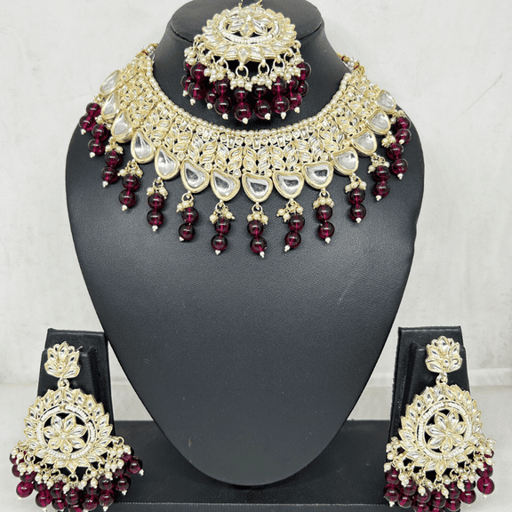 Kajaro Designs Jewels Maroon Kundan Choker Necklace Set with Earrings and Mang Tikka for Women | Traditional Jewelry for Diwali Weddings and Special Occassions