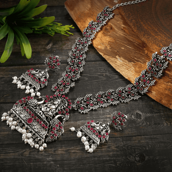 Kajaro Designs Jewels Multicolor Oxidised Necklace Set with Earrings Temple Indian Necklaces for Party