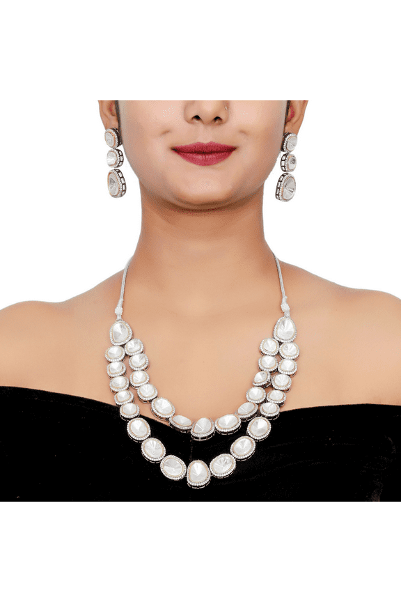 Polki silver Kundan Two Layer Necklace set with Matching Earrings for Women | Ethnic Jewelry for Engagement and Best Gift for Her