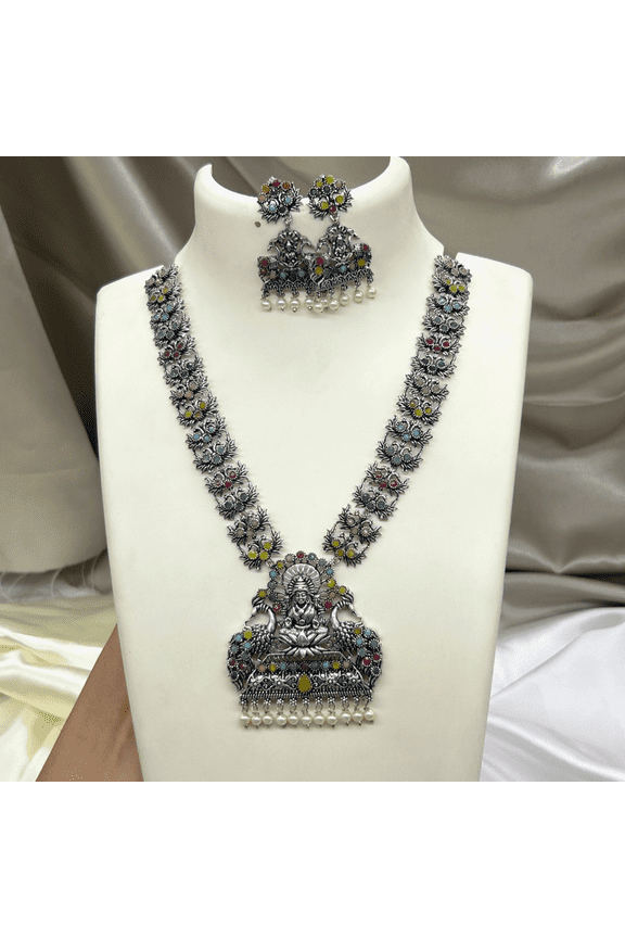 Oxidized Temple Multicolor Necklace Set with Earrings for Women | oxidised jewelry for weddings and festivals