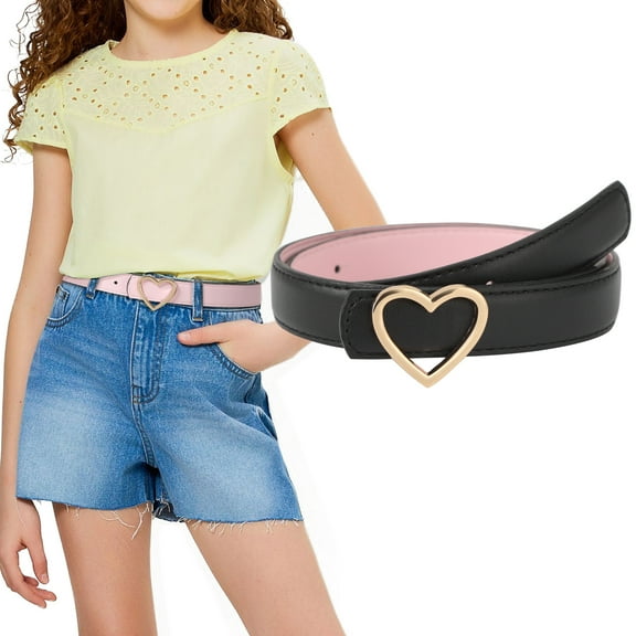 Kajeer Girls Reversible Leather Belt - Cute Heart Buckle Belt for Kids Adjustable Toddler Belt for Dress Pants