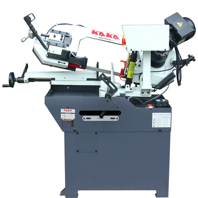 Kaka Industrial BS-108G horizontal bandsaw, 10”x7.9 round metal stock at  90°. Swivel head miters up to 60°. Metal Cutting Band Saw Motor power 1.1kw  /1.5HP, 115V-60HZ-1PH 