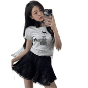 Kakamee Bow Printing T -Shirt Female Spring Short Short Sleeve Top