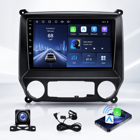 Kakamoden 10.1" Android 15 Stereo for 2014-2018 Chevy Silverado & GMC Sierra, 8 Core 4GB RAM + 64GB ROM, Wireless CarPlay, GPS Navigation, Bluetooth, WiFi, DSP, SWC, Plug-and-Play