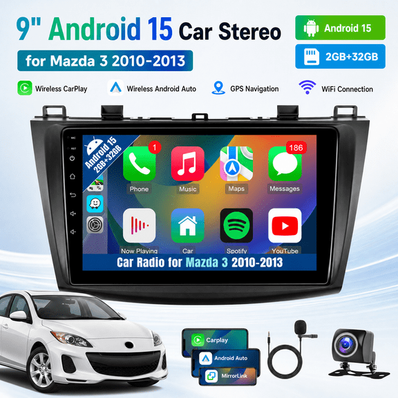 Kakamoden 2+32GB 9" Car Stereo for Mazda 3 2010-2013, Android 15, Wireless CarPlay & Android Auto, GPS
