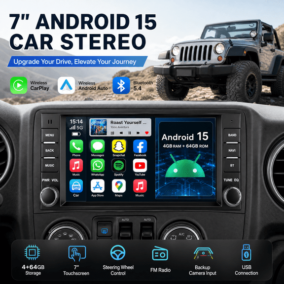 Kakamoden 7" Android Car Stereo with CarPlay, Android Auto, Bluetooth, SWC, FM, Camera, 4+64GB for Jeep Wrangler JK 2007-2018 & Dodge Ram 1500 2009-2012
