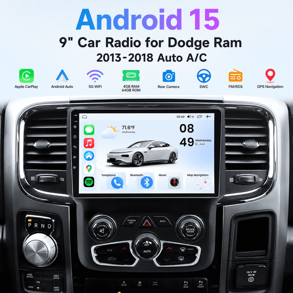 Kakamoden 9" Android 15 Car Radio for Dodge Ram 1500 2500 3500 2013-2018 Auto A/C, Apple CarPlay, Android Auto, 5G WiFi, Backup Camera, SWC, FM & GPS, 4+64G