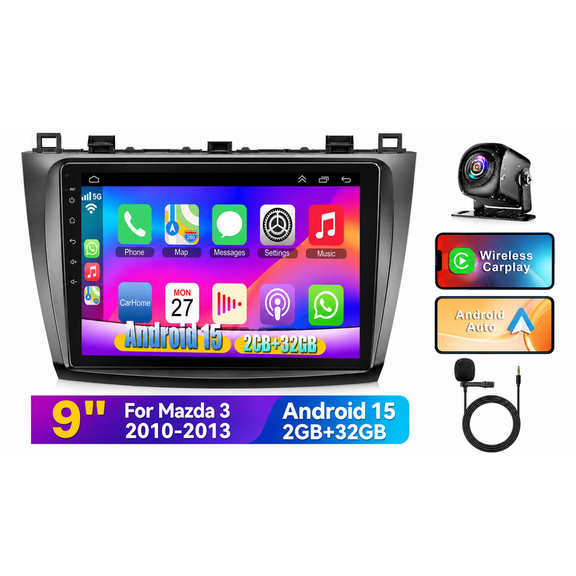Kakamoden Android 15 Car Stereo for Mazda 3 2010-2013, 2+32GB, 9", Wireless CarPlay & Android Auto, GPS
