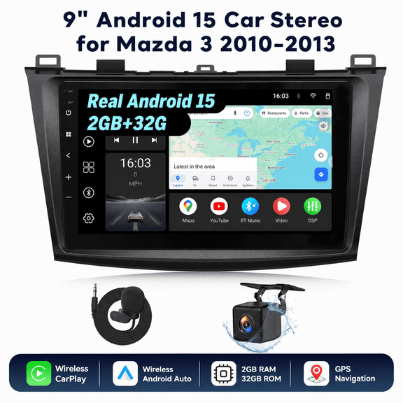 Kakamoden Car Stereo for Mazda 3 2010-2013, 2+32GB 9" Android 15, Wireless CarPlay & Android Auto, GPS