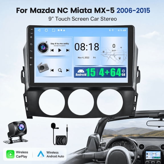 Kakamoden Car Stereo for Mazda NC Miata MX-5 2006-2015, 4+64GB Android 15, 9" Touch Screen Radio, Wireless CarPlay & Android Auto, Backup Camera