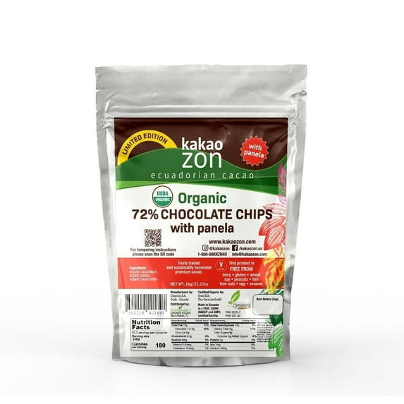 KakaoZon Organic 72% Chocolate Chips with Panela | Gluten-Free | Vegan | Non-GMO | Free of all major allergens | Directly Traded | 2.2 lbs (1 kg)