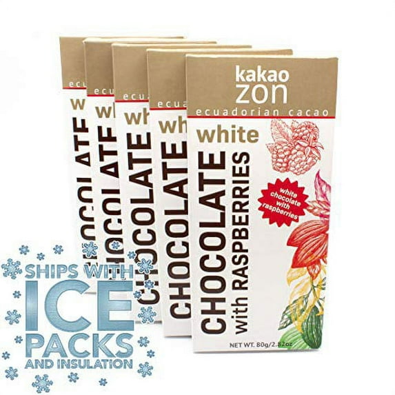 KakaoZon White Chocolate with Raspberries | White Chocolate | 100% Ecuadorian Cacao | Gluten-Free | Non-GMO | Free of major allergens | Fairly Traded | 5 Bars