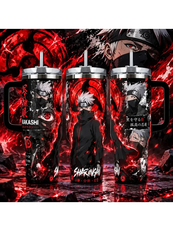 Kakashi Hatake Sharingan Tumbler, & 40oz Insulated Travel Mug with Handle. NRT Anime Art Cup, Intense Red Eye Ninja Design, Perfect Gift for Naruto Fans and Anime Collectors