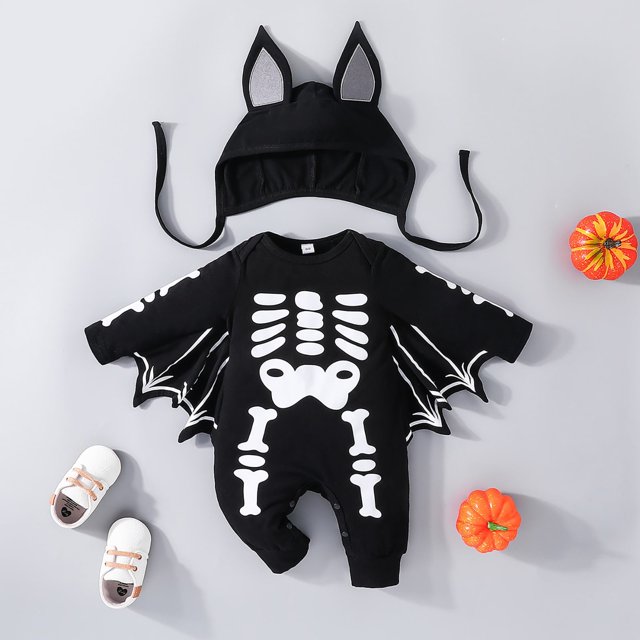 Kakidly Baby Halloween Outfit, Long Sleeve Crew Neck Skeleton Print Bat