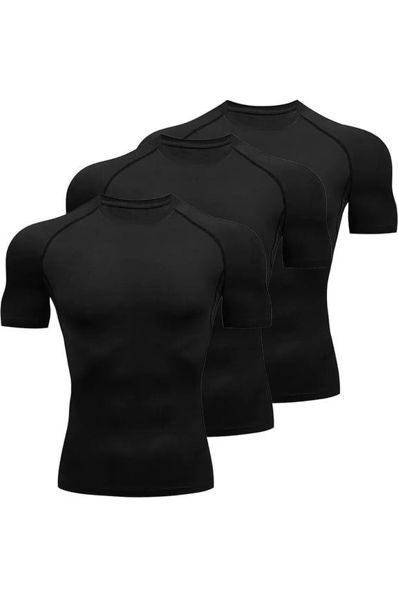 3 Pack Men's Compression Shirts Short Sleeve Cool Dry Workout T-Shirt Undershirt Rash Guard for Gym Running