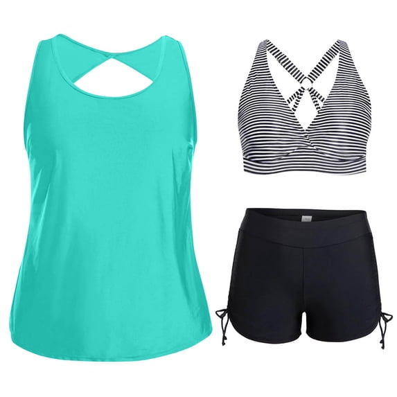 Kakii 3 Piece Tankini Swimsuits for Women Swim Tank Top with Bra and High Waist Boy Shorts with Pockets