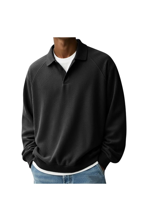 Corduroy Shirt for Men Pullover Long Sleeve Polo Shirt Casual Work Collared Shirt with Pocket Half Button Up Top