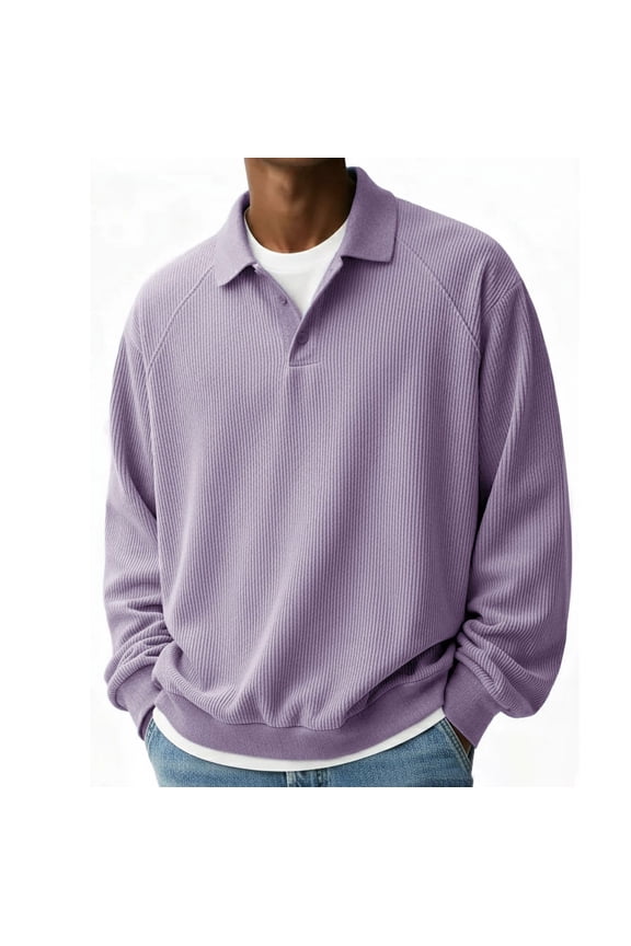 Corduroy Shirt for Men Pullover Long Sleeve Polo Shirt Casual Work Collared Shirt with Pocket Half Button Up Top