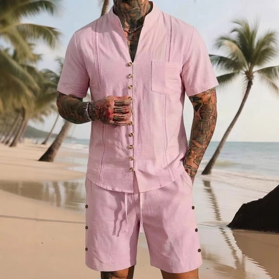 Kakii Cotton Linen Outfit Men 2 Piece Set Casual Short Sleeve Button Down V Neck Shirts Loose Shorts Soft Beach Two Piece
