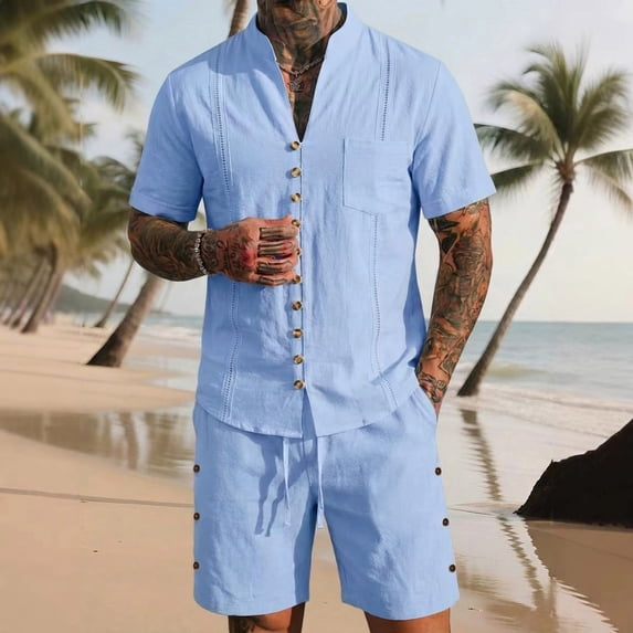Kakii Cotton Linen Outfit Men 2 Piece Set Casual Short Sleeve Button Down V Neck Shirts Loose Shorts Soft Beach Two Piece