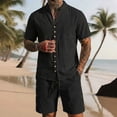 thumbnail image 1 of Kakii Cotton Linen Outfit Men 2 Piece Set Casual Short Sleeve Button Down V Neck Shirts Loose Shorts Soft Beach Two Piece, 1 of 7