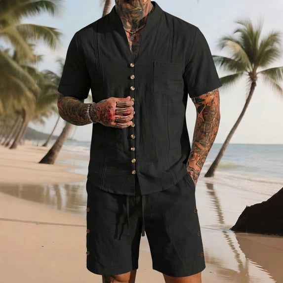 Kakii Cotton Linen Outfit Men 2 Piece Set Casual Short Sleeve Button Down V Neck Shirts Loose Shorts Soft Beach Two Piece