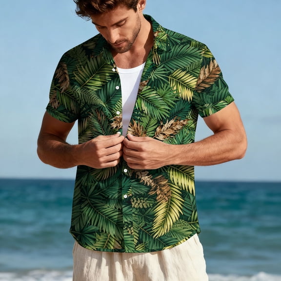 Kakii Hawaiian Shirt for Men Short Sleeves Tropical Printed Casual Button Down Summer Beach Floral Shirts