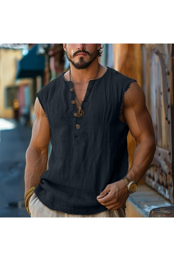 Linen Tops for Men Henley Tank Sleeveless Raw Edge Lightweight Comfy Hippie Beach Tee Shirts with Curved Hem Design