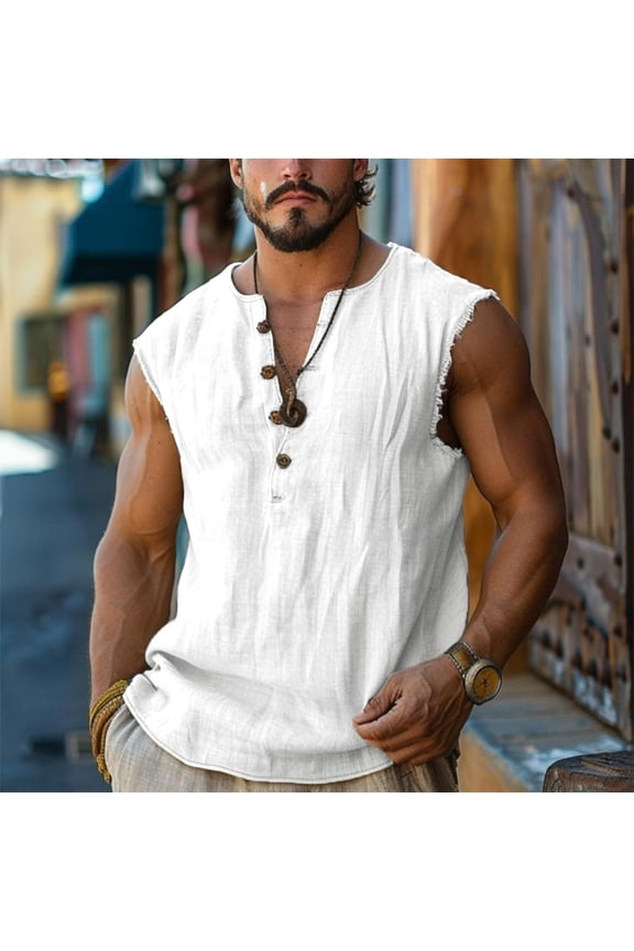 Linen Tops for Men Henley Tank Sleeveless Raw Edge Lightweight Comfy Hippie Beach Tee Shirts with Curved Hem Design
