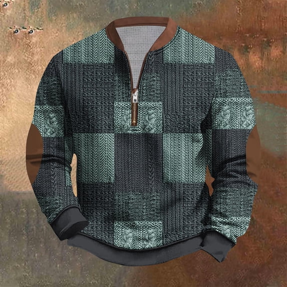 Kakii Long Sleeve Shirts for Men Vintage 3D Print Quarter Zip Pullover Relaxed Fit Stand Collar Cable Knit Polo Shirt