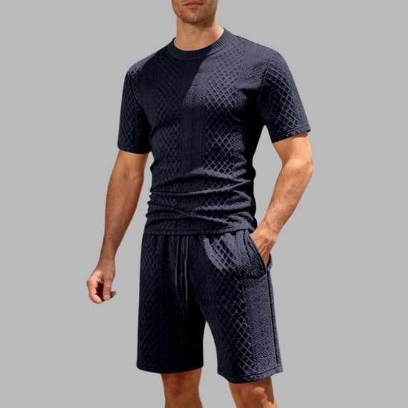 Kakii Men's 2-Piece Pull-On Shorts Set, All-Over Texture Jogger Shorts & Matching Tee, Elastic Waist Summer Lounge Outfit