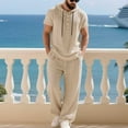 thumbnail image 1 of Kakii Men's Beach Hoodie Set, Light Taupe Short Sleeve Hooded Shirt & Drawstring Pants, Linen Blend Casual Lounge Outfit for Vacation, 1 of 9
