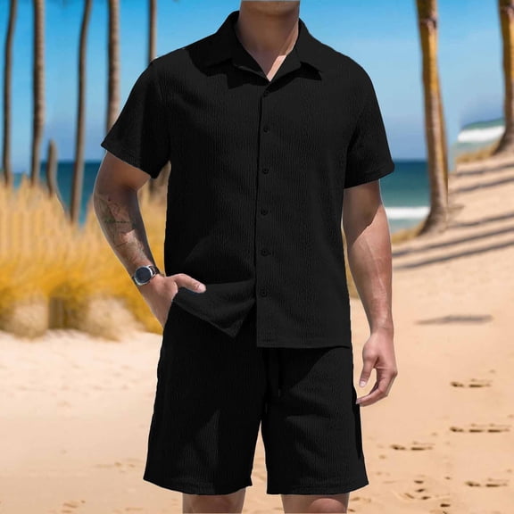 Kakii Men's Beach Shorts Set, Short Sleeve Button Down Shirt & Elastic Waist Swim Trunks Outfit, Casual Vacation Wear