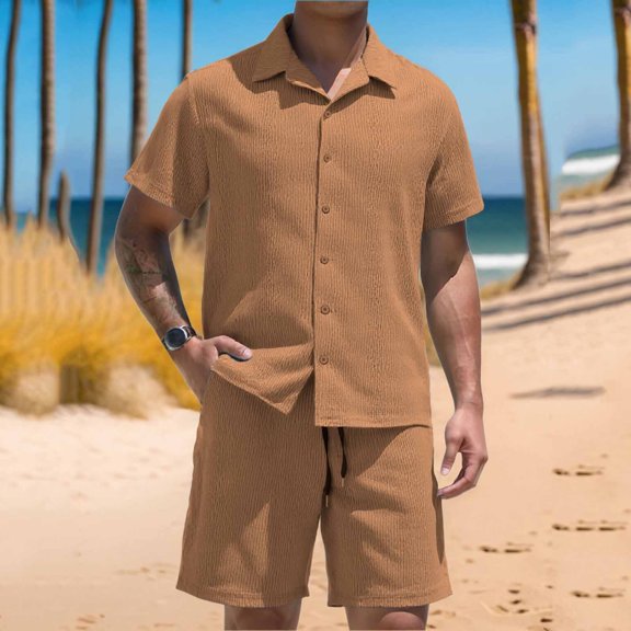 Kakii Men's Beach Shorts Set, Short Sleeve Button Down Shirt & Elastic Waist Swim Trunks Outfit, Casual Vacation Wear