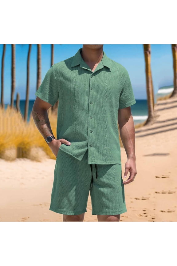 Men's Beach Shorts Set, Short Sleeve Button Down Shirt & Elastic Waist Swim Trunks Outfit, Casual Vacation Wear