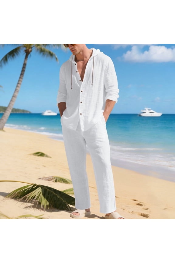 Men's Beachside Hoodie Set, Linen Blend Hooded Jacket & Drawstring Pants, Button-Front Coastal Vacation Outfit