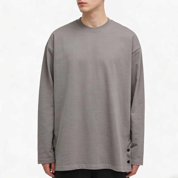 Kakii Men's Button Detail Side Slit Top, Light Gray Relaxed Fit Long Sleeve T-Shirt, Casual Crew Neck Asymmetrical Hem Shirt