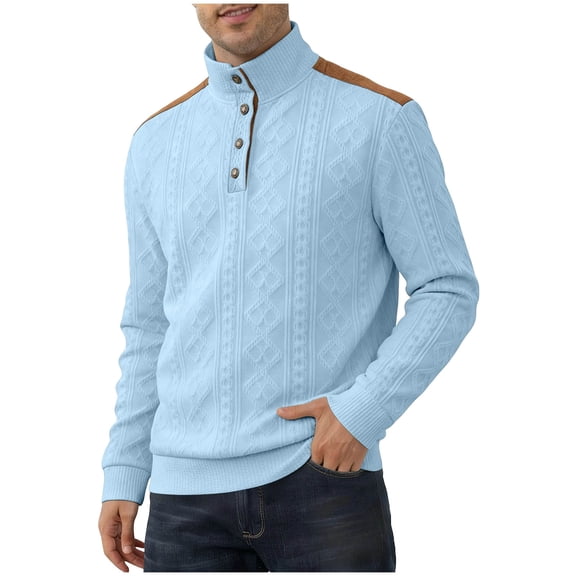 Kakii Men's Cable Knit Pullover Sweater Casual Long Sleeve Stand Collar Button Knitted Sweaters