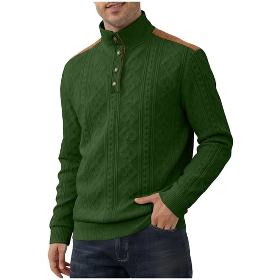 Kakii Men's Cable Knit Pullover Sweater Casual Long Sleeve Stand Collar Button Knitted Sweaters