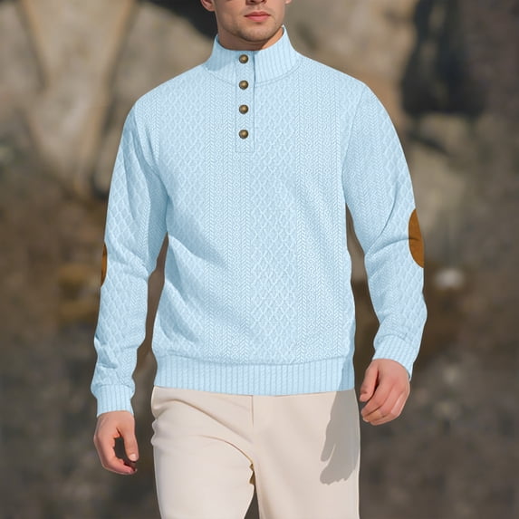 Kakii Men's Cable Knit Pullover Sweater Casual Long Sleeve Stand Collar Button Knitted Sweaters