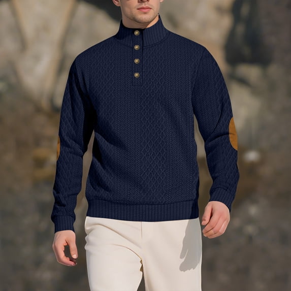 Kakii Men's Cable Knit Pullover Sweater Casual Long Sleeve Stand Collar Button Knitted Sweaters