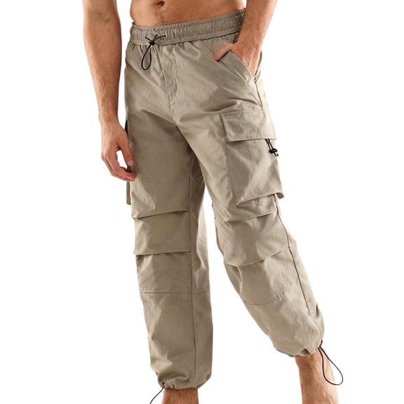 Kakii Men's Cargo Jogger Pants, Solid Color Elastic Waist Drawstring Utility Pants with Multiple Packs, Convertible Straight Leg Outdoor Hiking Pants