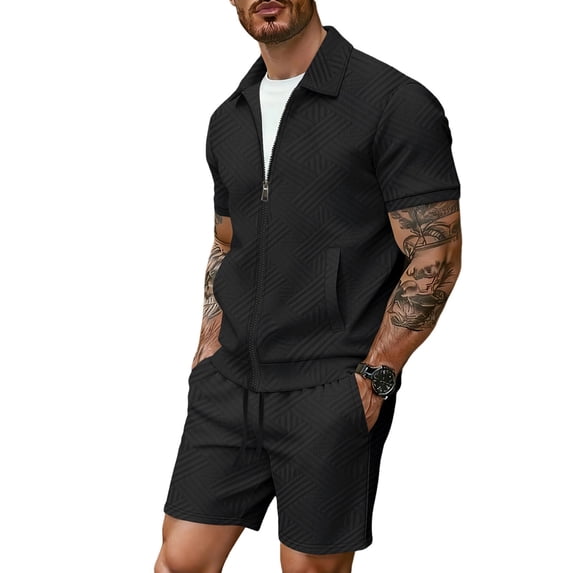 Kakii Men's Casual Track Set - Geometric Twill Pattern Short Sleeve Jacket and Matching Shorts, Spring Summer Outfit