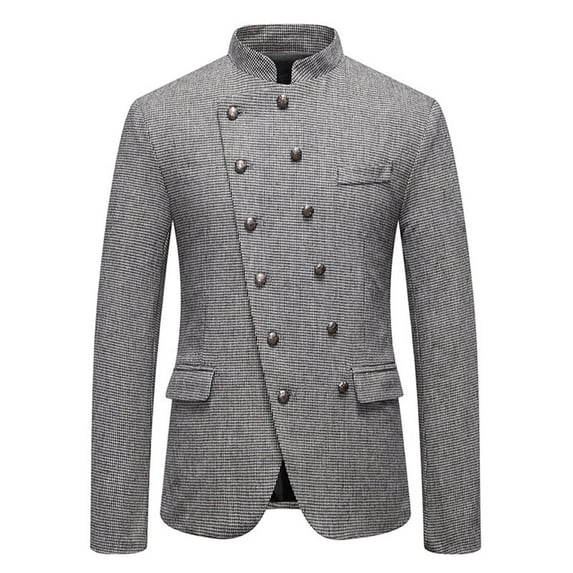 Kakii Men's Check Double Breasted Blazer, Slim Fit Business Jacket with Stand Collar & Metallic Buttons, Tailored Regal Style Suit Coat