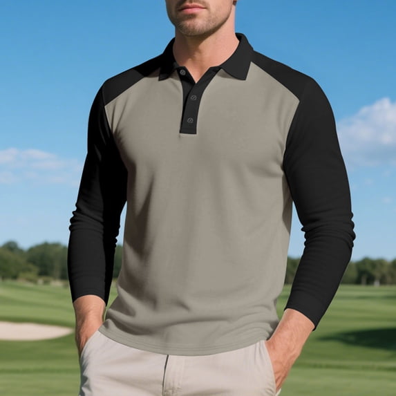 Kakii Men’s Colorblock Long Sleeve Polo Shirt - Half-Button Placket with Contrast Collar