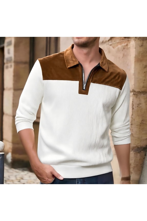 Men's Corduroy & Knit Blend Polo, Half Zip Collared Shirt with Brown Accents, Textured Long Sleeve Casual Top