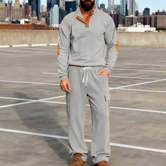 Kakii Men's Corduroy Pocket Work Set, Long Sleeve Half Button Shirt & Straight Leg Utility Pants with Elastic Waist, Outdoor Two-Piece Outfit