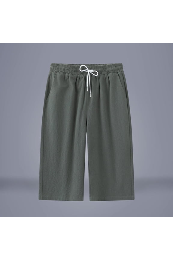 Men's Cotton Linen Capri Pants Loose Fit Elastic Waist Drawstring Baggy Harem Pants Casual Beach Yoga Trousers