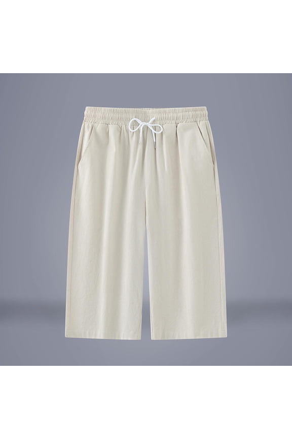 Men's Cotton Linen Capri Pants Loose Fit Elastic Waist Drawstring Baggy Harem Pants Casual Beach Yoga Trousers